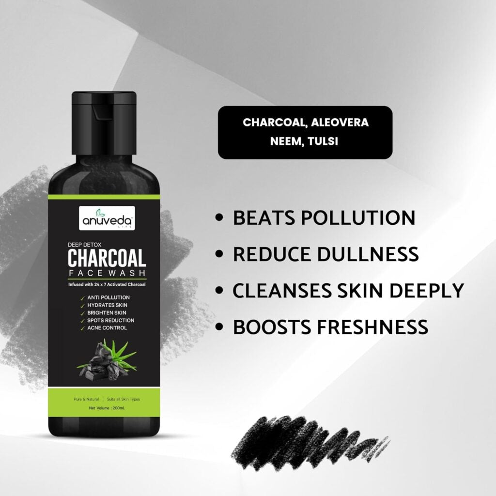 anuveda LIFE Activated Charcoal Facewash Duo 200ml x 2 | Deep Detox Acne Control Brighten Skin | Aloe Vera Neem Tulsi